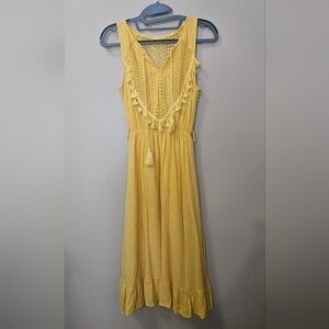 Cupshe Crochet Detail Midi Dress Women's Size S Yellow Boho Ruffled Hem